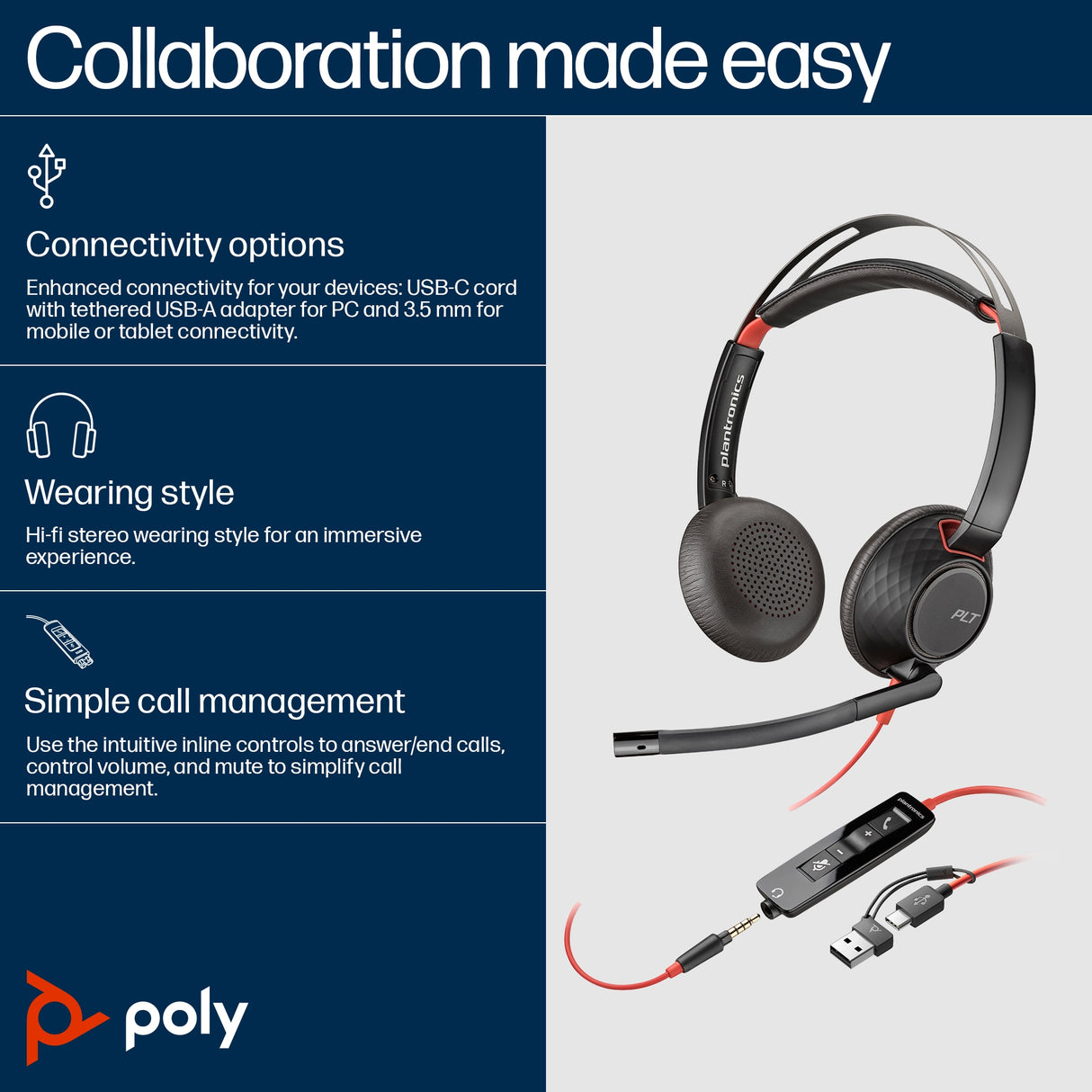 POLY Blackwire 5220 Wired On-ear Stereo Headset
