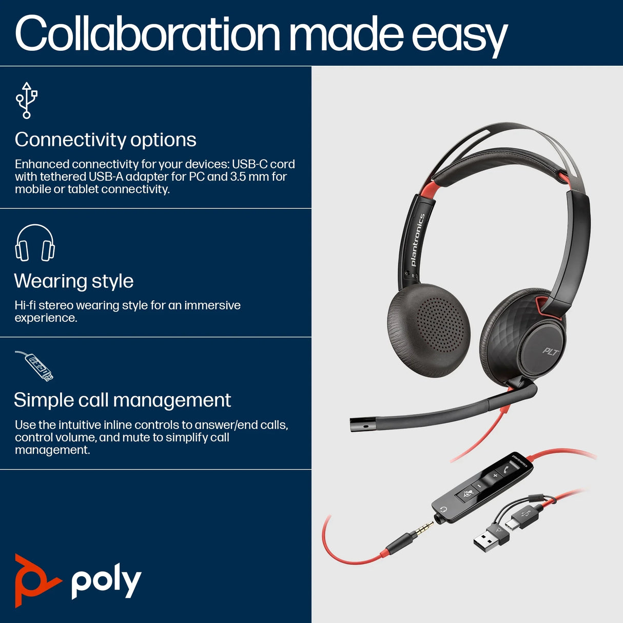 POLY Blackwire 5220 – Wired (USB-A) / Stereo / Office – On-Ear Headset