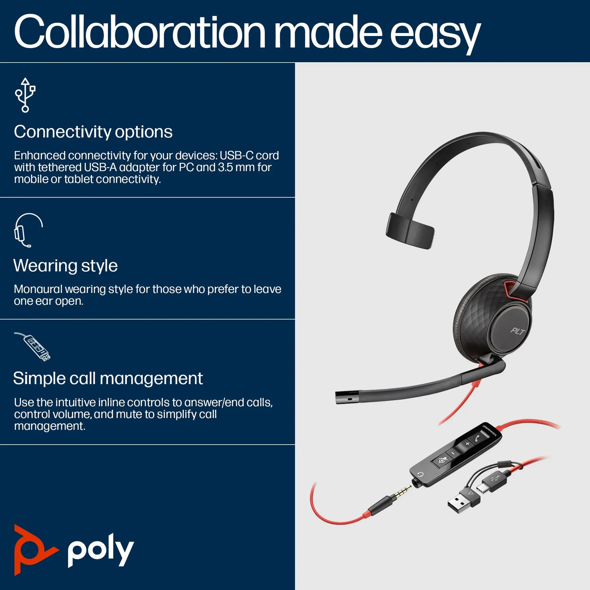 POLY Blackwire 5210 – Wired (USB-A) / Mono / Office – On-Ear Headset