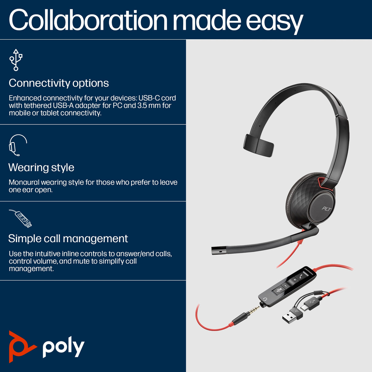 POLY Blackwire C5210 USB-C Inline Cable Headset