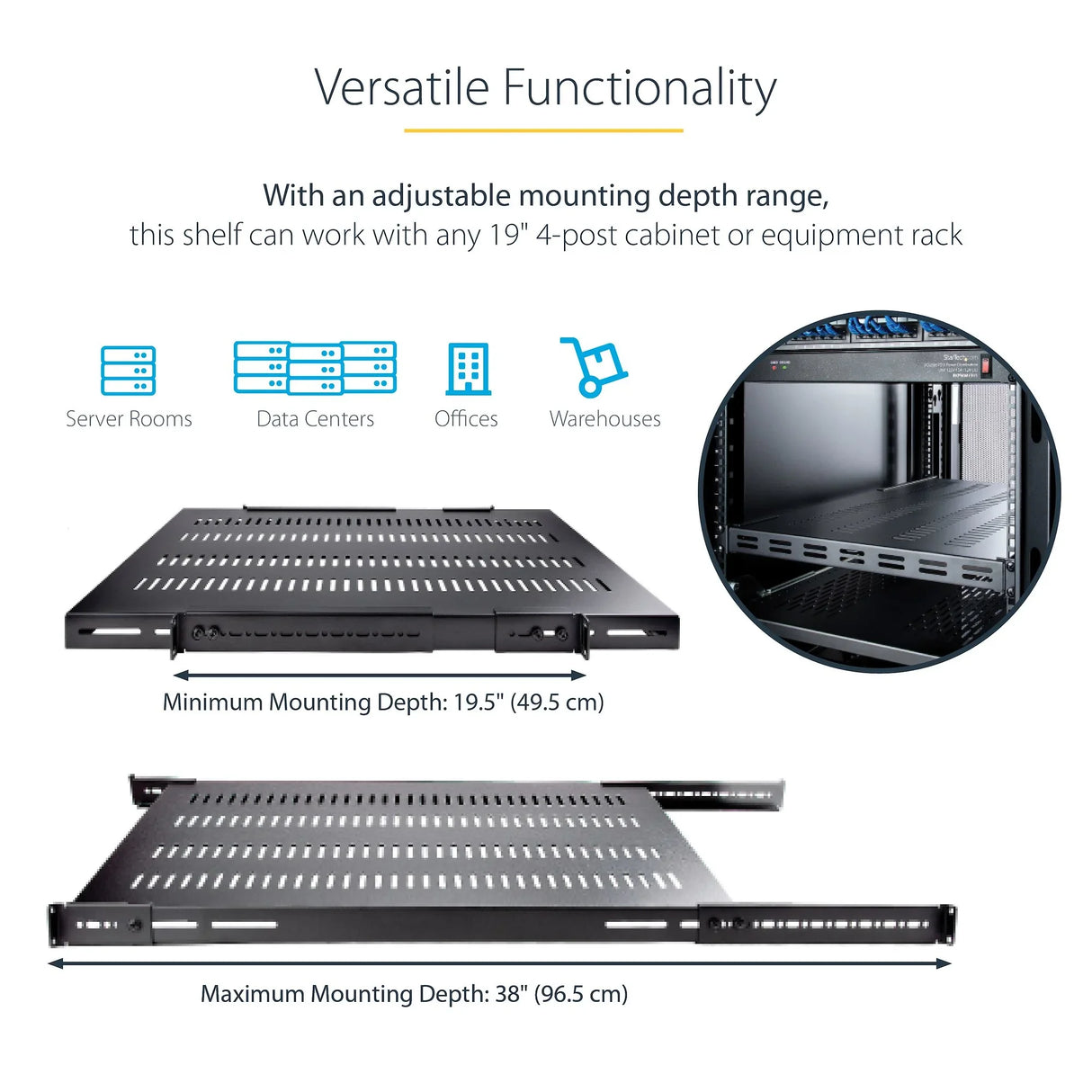 STARTECH 1U 4-Post Adjustable Vented Server Rack Mount Shelf - 330lbs(150 kg) - 19.5 to 38in Adjustable Mounting Depth Universal Tray 19" AV| Network Equipment Rack - 27.5in Deep (ADJSHELFHDV2) (ADJSHELFHDV2)