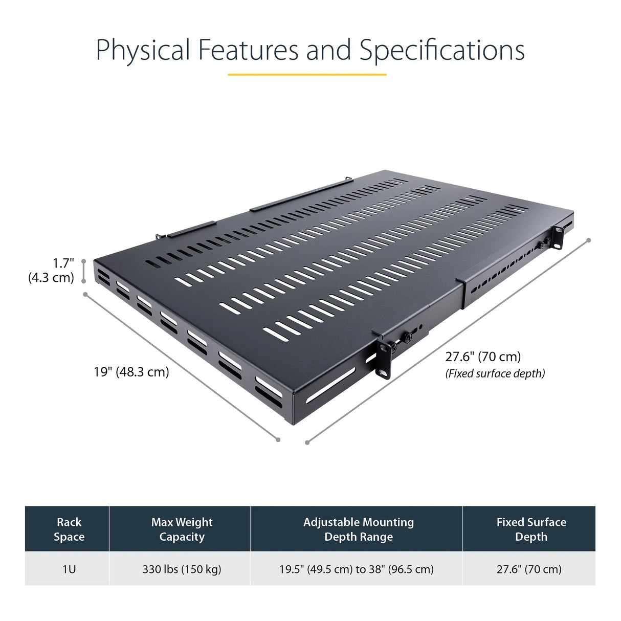 STARTECH 1U 4-Post Adjustable Vented Server Rack Mount Shelf - 330lbs(150 kg) - 19.5 to 38in Adjustable Mounting Depth Universal Tray 19" AV| Network Equipment Rack - 27.5in Deep (ADJSHELFHDV) (ADJSHELFHDV)