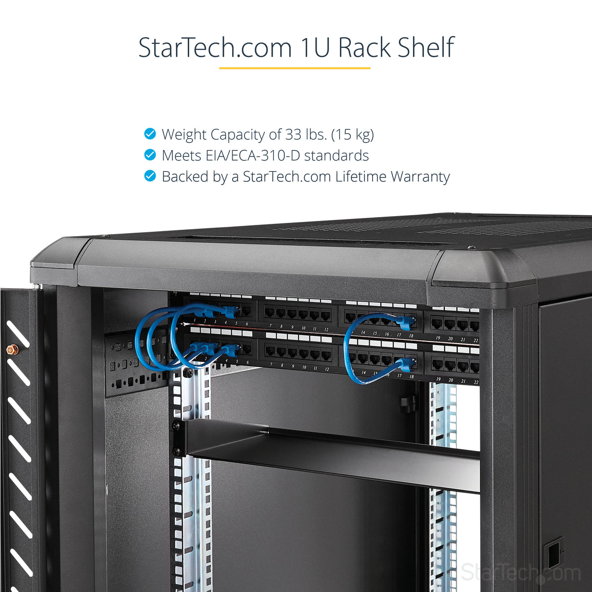 STARTECH 1U Server Rack Shelf - Universal Rack Mount Cantilever Shelf for 19" Network Equipment Rack & Cabinet - Heavy Duty Steel | Weight Capacity 33lb|15kg - 7" Deep Tray | Black (CABSHELF1U) (CABSHELF1U)