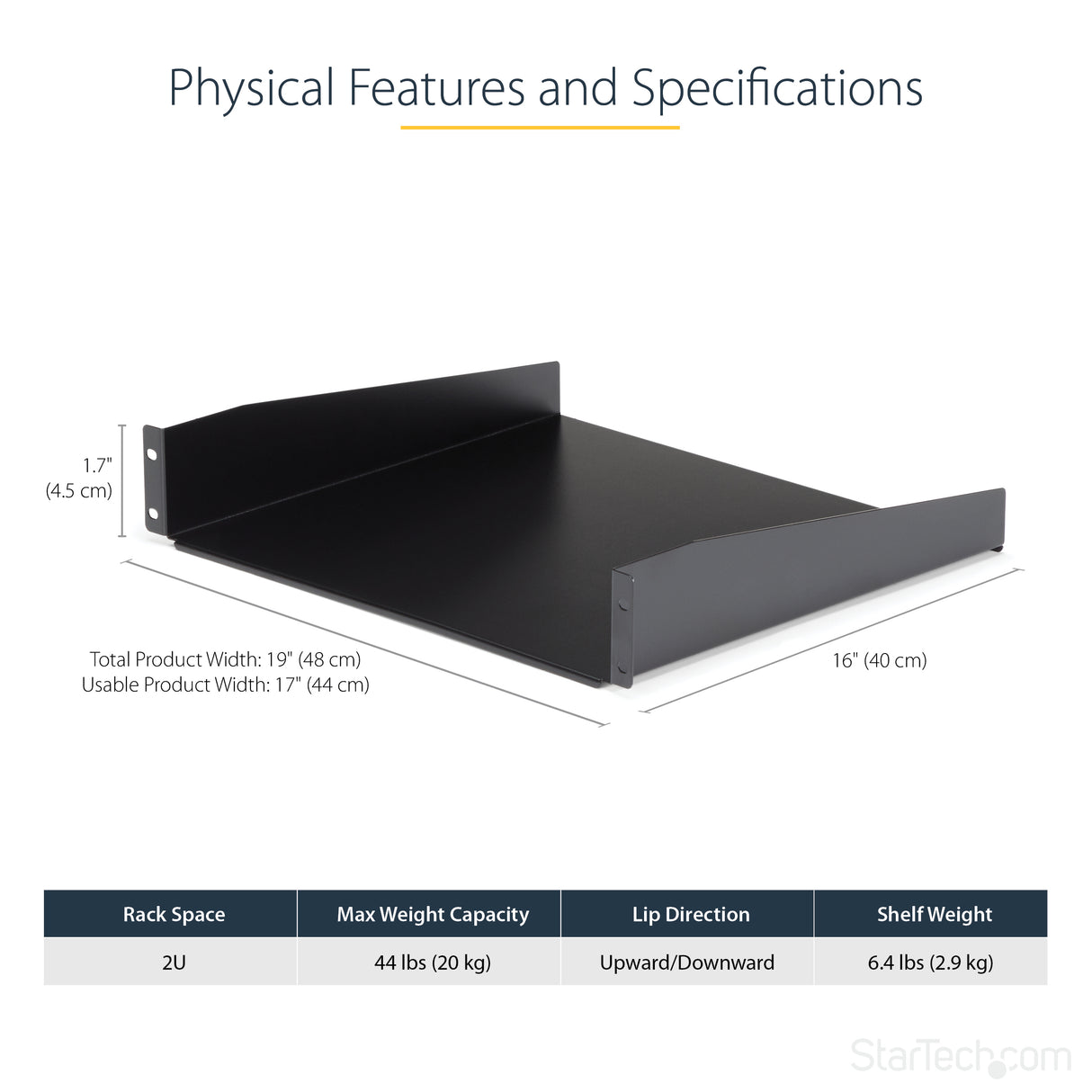 STARTECH 2U Server Rack Shelf - Universal Rack Mount Cantilever Shelf for 19" Network Equipment Rack & Cabinet - Heavy Duty Steel | Weight Capacity 44lb|20kg - 16" Deep Tray | Black (CABSHELF) (CABSHELF)
