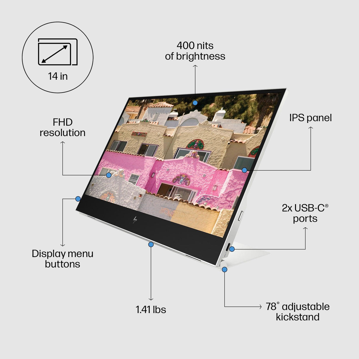HP E-Series E14 G4 computer monitor (14") Full HD LED White