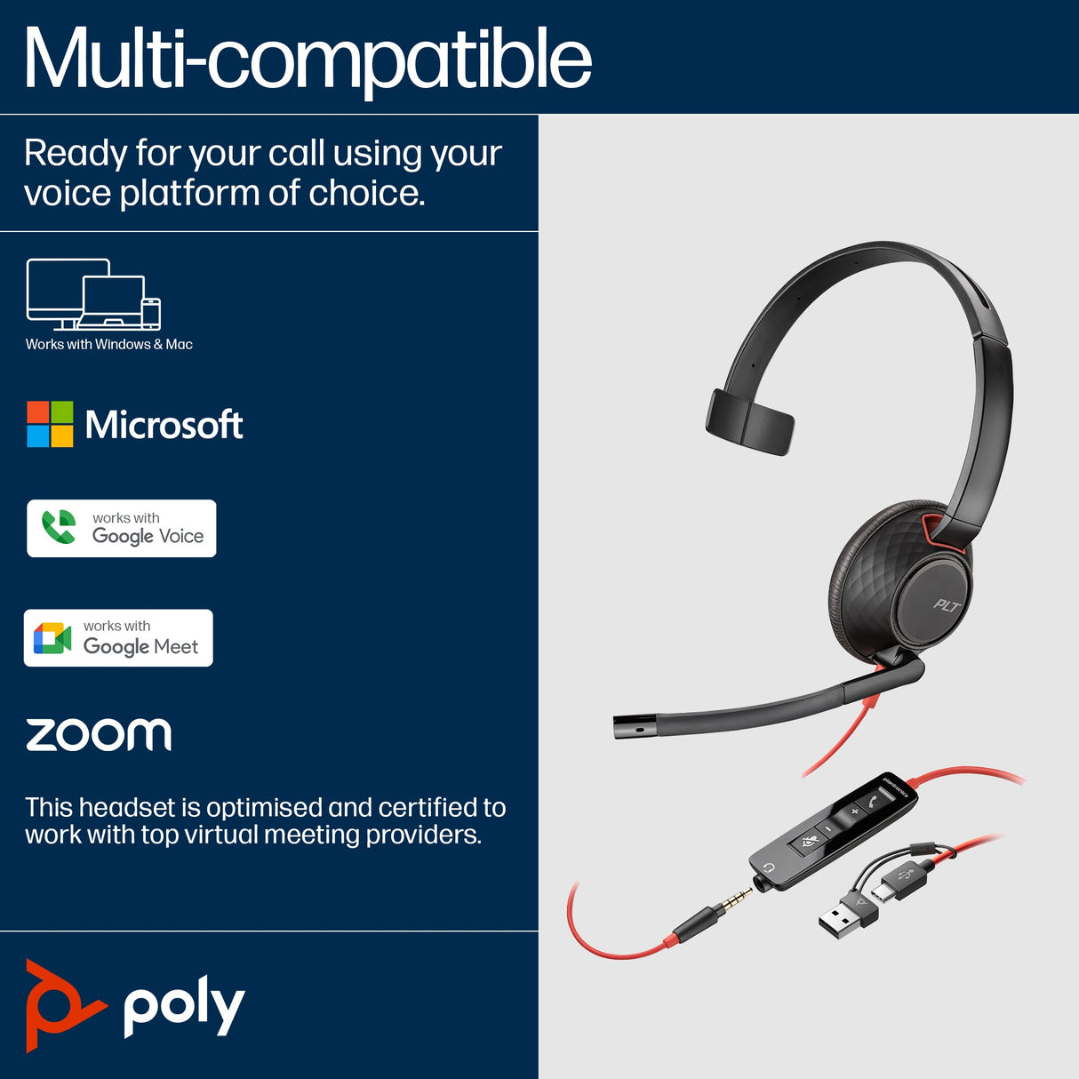 POLY Blackwire C5210 USB-C Inline Cable Headset