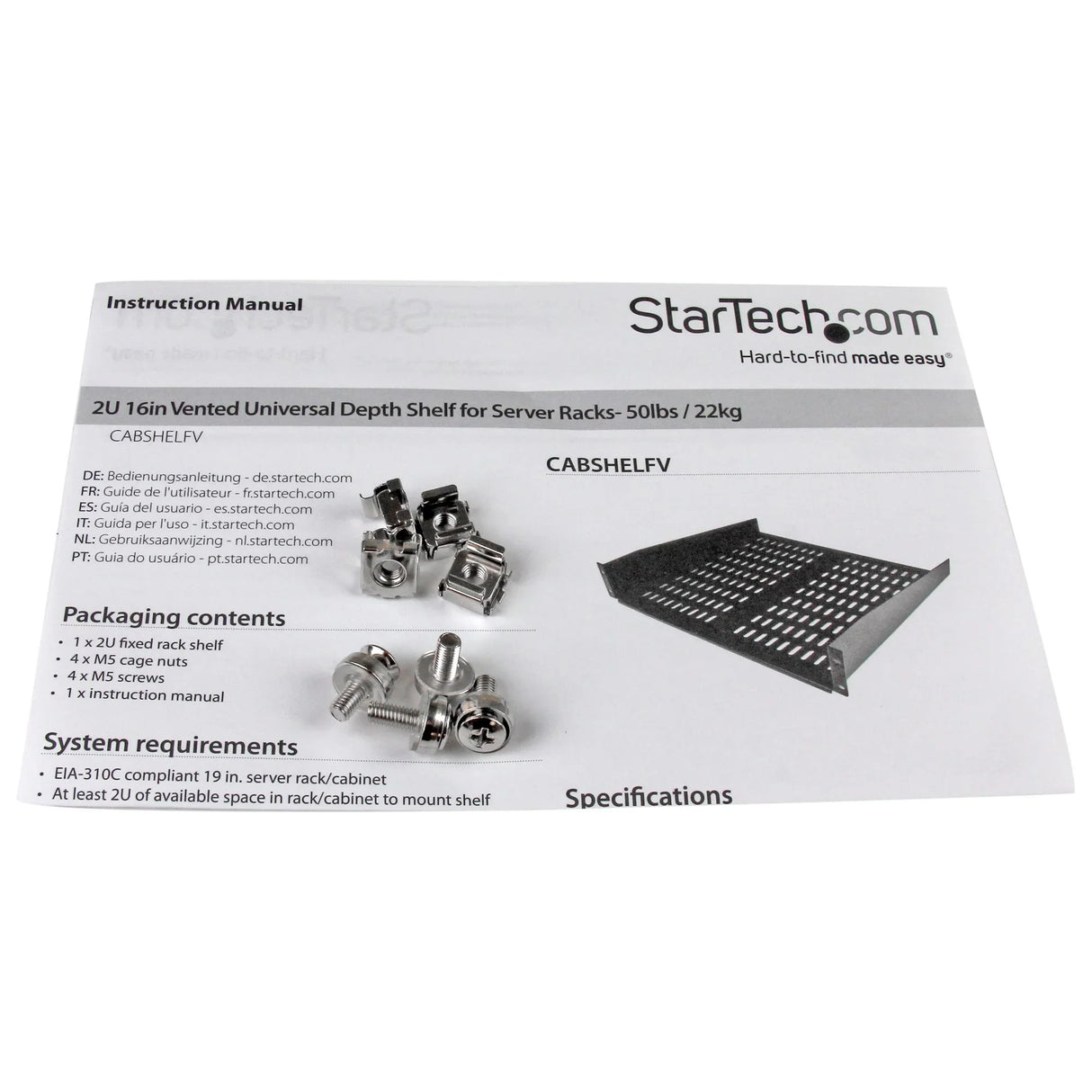 STARTECH 2U Server Rack Shelf - Universal Vented Rack Mount Cantilever Tray for 19" Network Equipment Rack & Cabinet - Heavy Duty Steel - Weight Capacity 50lb|23kg - 16" Deep Shelf (CABSHELFV) (CABSHELFV)