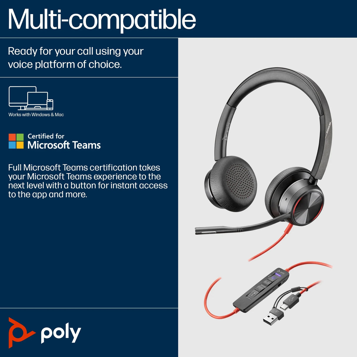 POLY Blackwire 8225 – Wired (USB-A) / Stereo / Office – On-Ear Headset with ANC