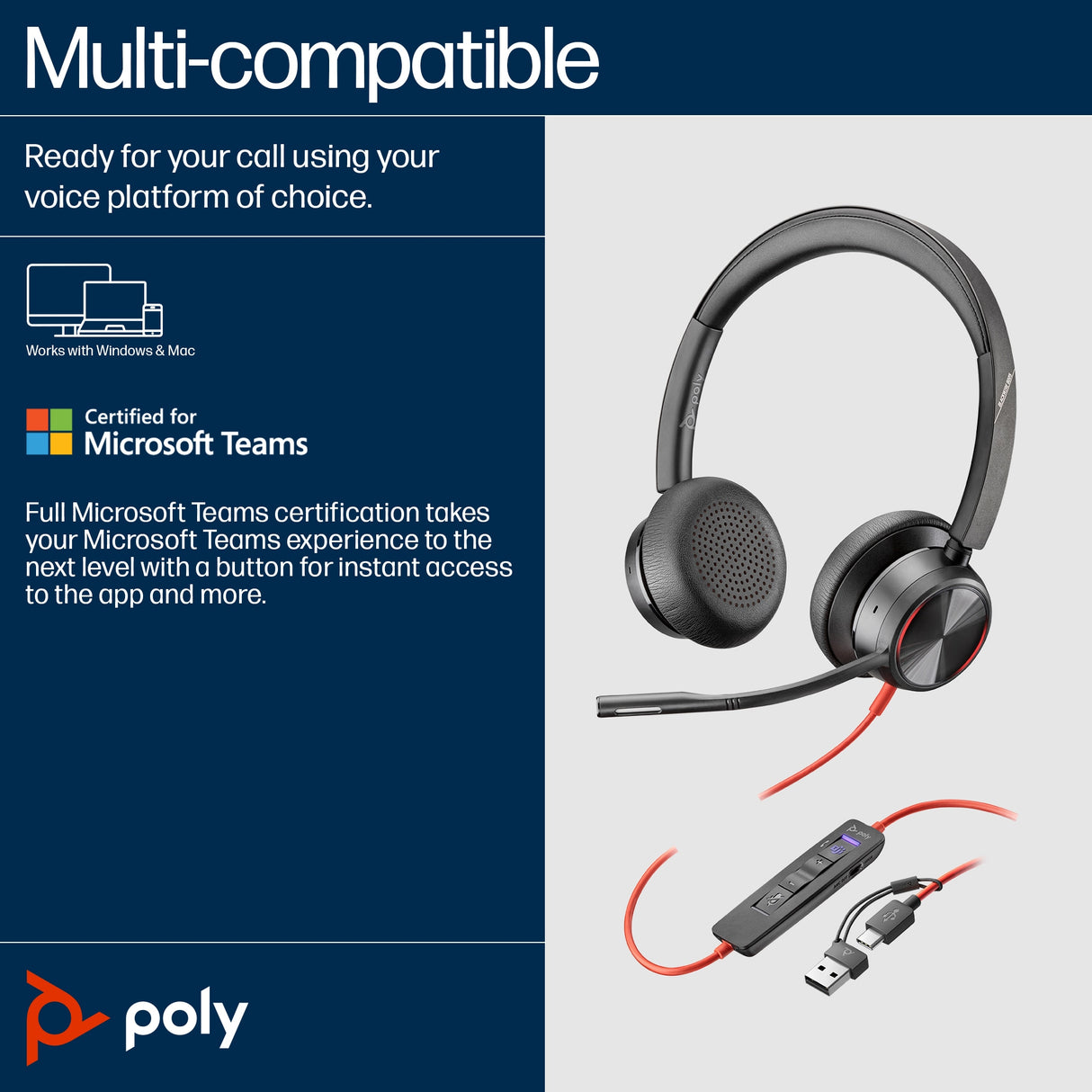 POLY Blackwire 8225 Wired On-ear Stereo MS Teams Certified Headset