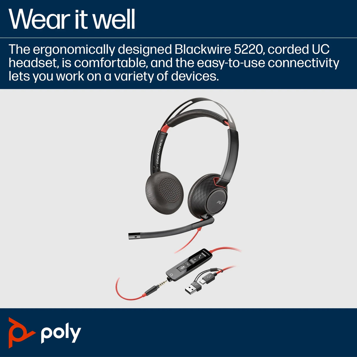 POLY Blackwire 5220 – Wired (USB-A) / Stereo / Office – On-Ear Headset