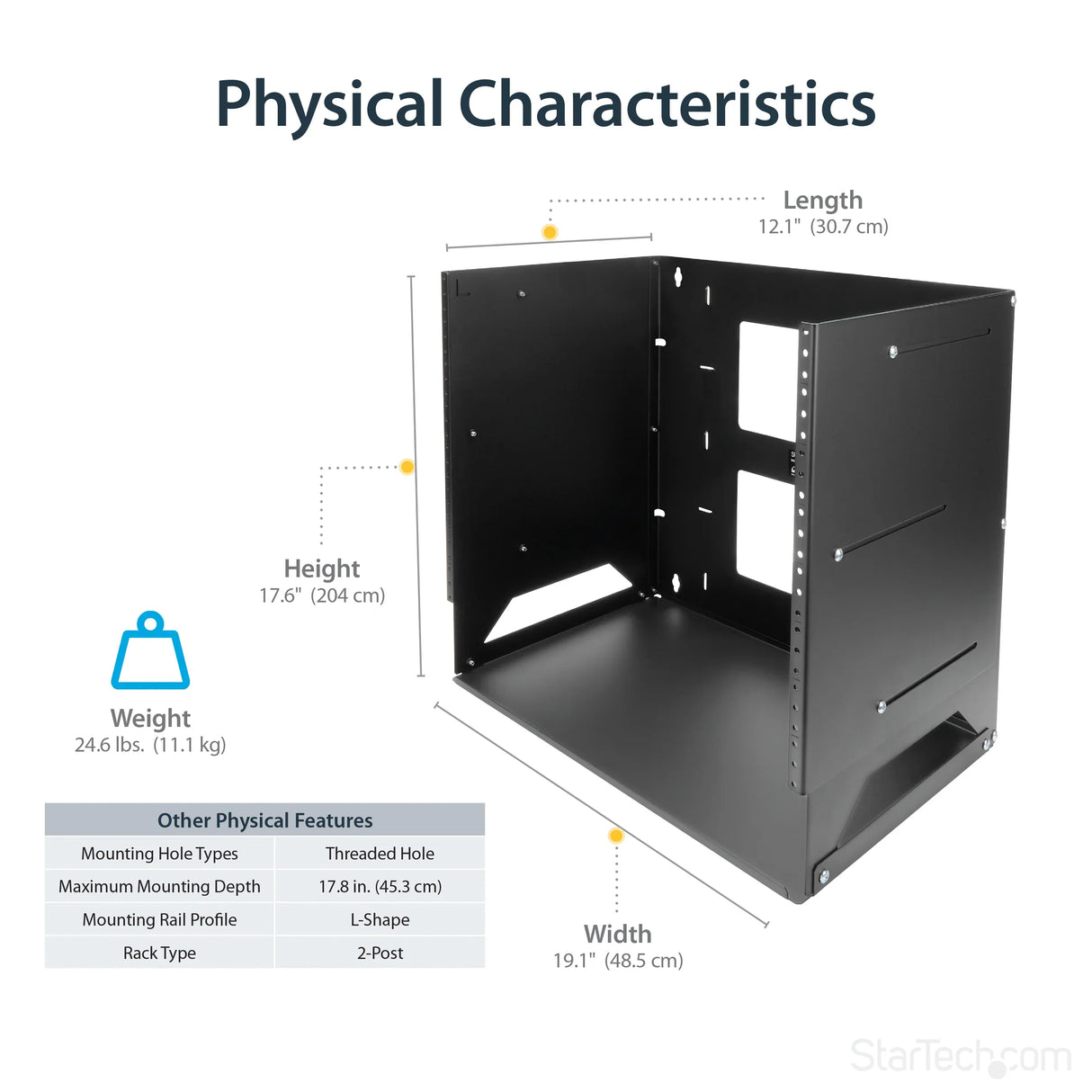 STARTECH 8U Open Frame Wall Mount Network Rack w| Built in Shelf - 2-Post Adjustable Depth (12" to 18") Equipment Rack - 75.2lbs (WALLSHELF8U) (WALLSHELF8U)