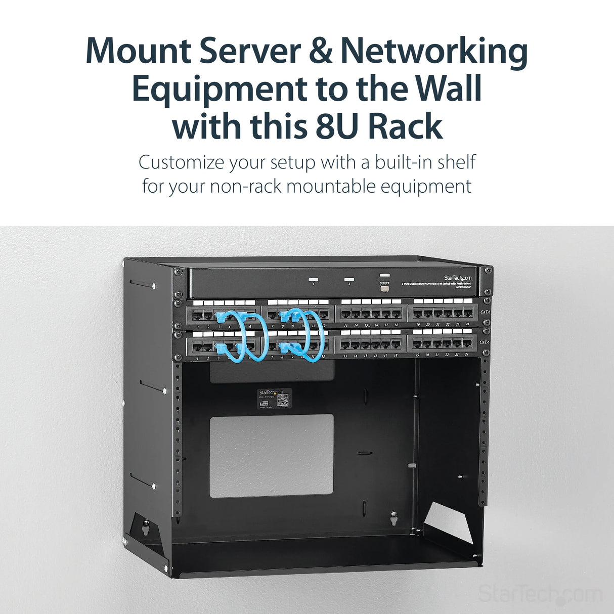 STARTECH 8U Open Frame Wall Mount Network Rack w| Built in Shelf - 2-Post Adjustable Depth (12" to 18") Equipment Rack - 75.2lbs (WALLSHELF8U) (WALLSHELF8U)