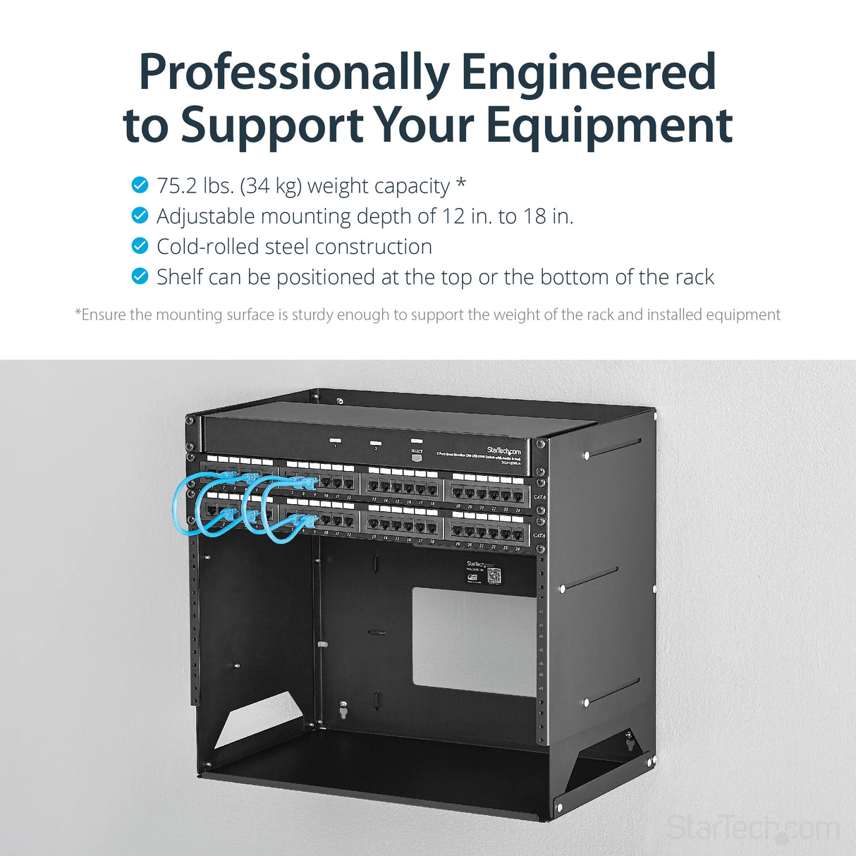STARTECH 8U Open Frame Wall Mount Network Rack w| Built in Shelf - 2-Post Adjustable Depth (12" to 18") Equipment Rack - 75.2lbs (WALLSHELF8U) (WALLSHELF8U)