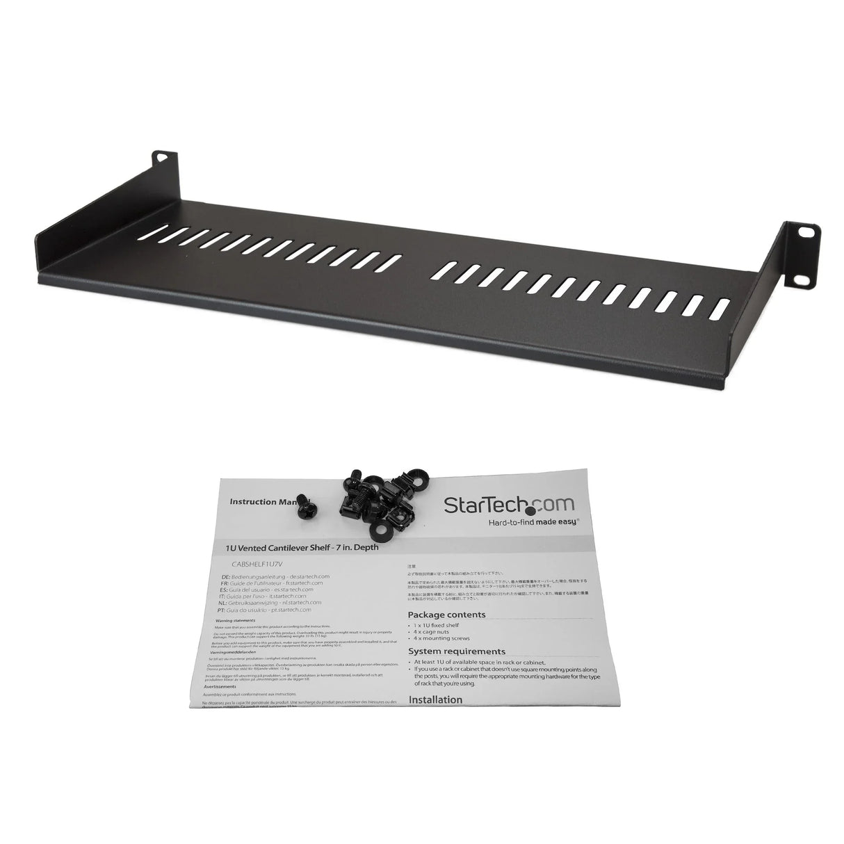 STARTECH 1U Server Rack Shelf - Universal Vented Rack Mount Cantilever Tray for 19" Network Equipment Rack & Cabinet - Heavy Duty Steel - Weight Capacity 44lb|20kg - 7" Deep Shelf (CABSHELF1U7V) (CABSHELF1U7V)