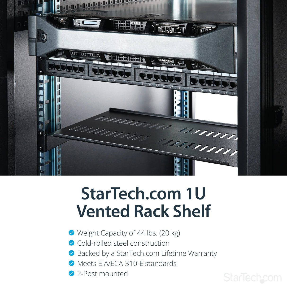 STARTECH 1U Server Rack Shelf - Universal Vented Rack Mount Cantilever Tray for 19" Network Equipment Rack & Cabinet - Heavy Duty Steel - Weight Capacity 50lb|23kg - 10" Deep | Black (CABSHELFV1U) (CABSHELFV1U)