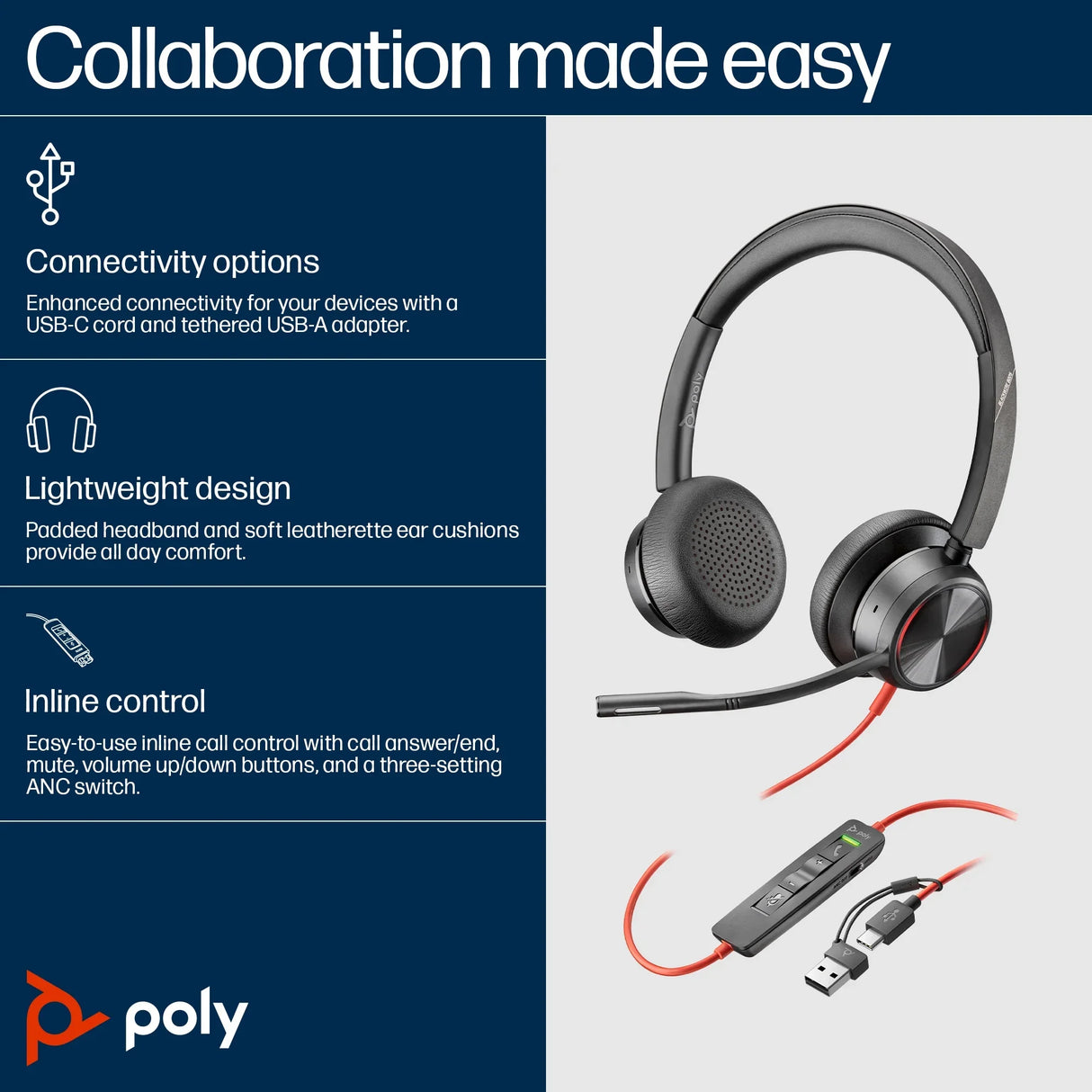 POLY Blackwire 8225 – Wired (USB-A) / Stereo / Office – On-Ear Headset with ANC