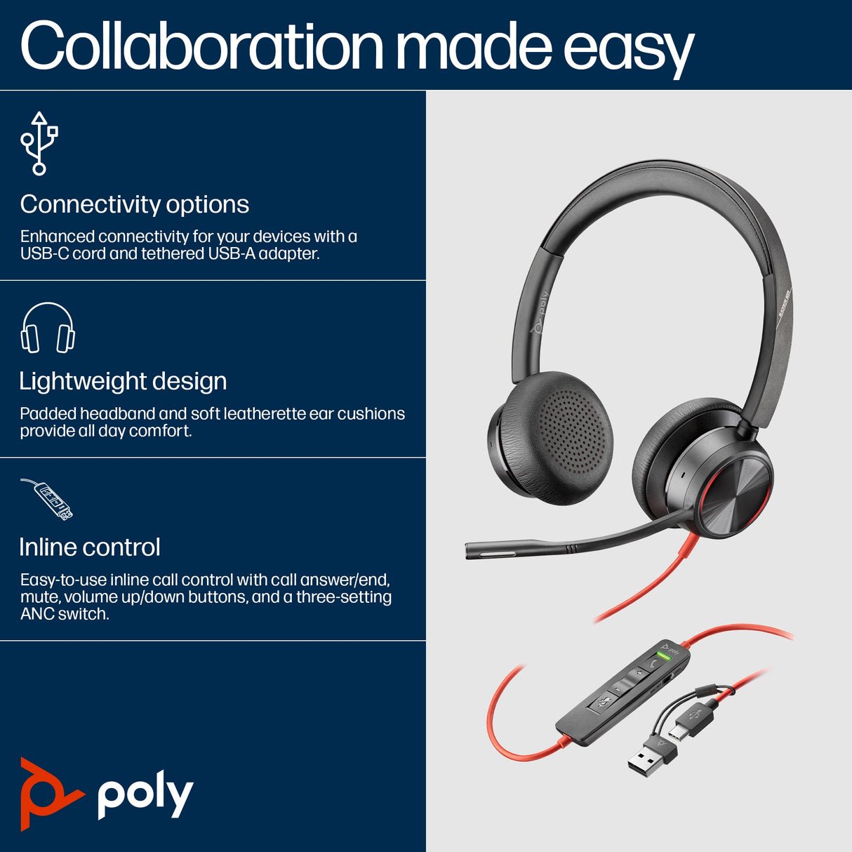 POLY Blackwire 8225 Wired On-ear Stereo MS Teams Certified Headset