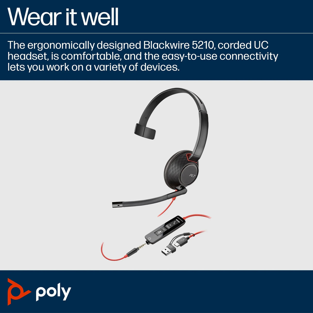 POLY Blackwire 5210 – Wired (USB-A) / Mono / Office – On-Ear Headset