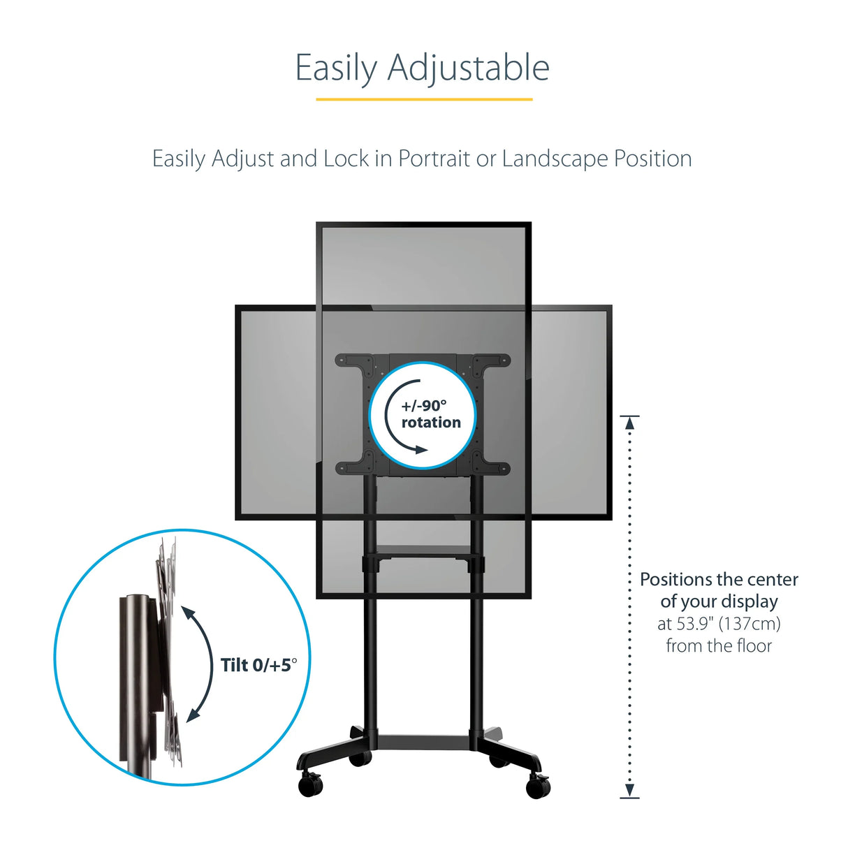 STARTECH Mobile TV Cart - Portable Rolling TV Stand for 37-70" VESA Display (154lb|70kg) - TV Stand w|Shelf & Storage Compartment - Rotate|Tilt Display - Universal TV Mount on Wheels (MBLTVSTNDEC) (MBLTVSTNDEC)