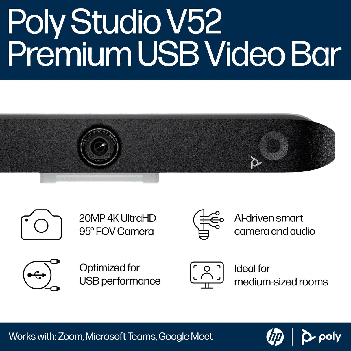 POLY Studio V52 – Full HD (1080p) / AI-powered Features – UC Video Bar