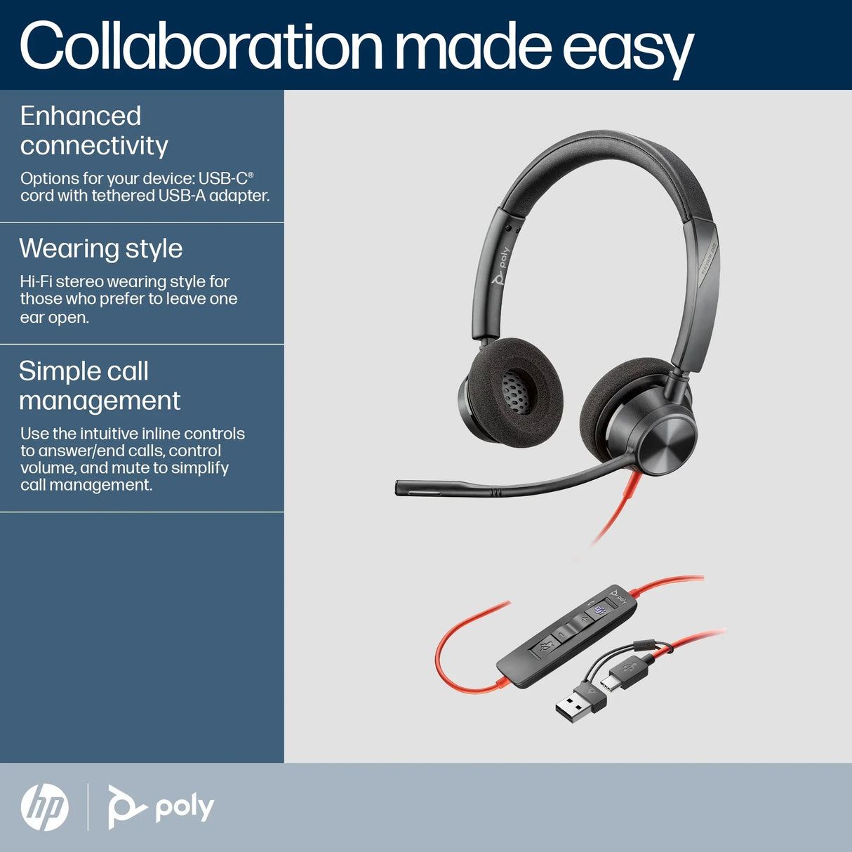 POLY Blackwire 3320 – Wired (USB-A) / Stereo / MS Teams Certified – On-Ear Headset