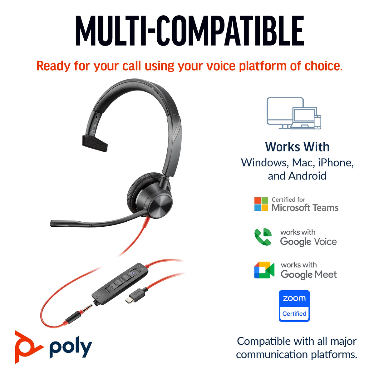 POLY Blackwire 3315 Wired On-ear Mono Headset