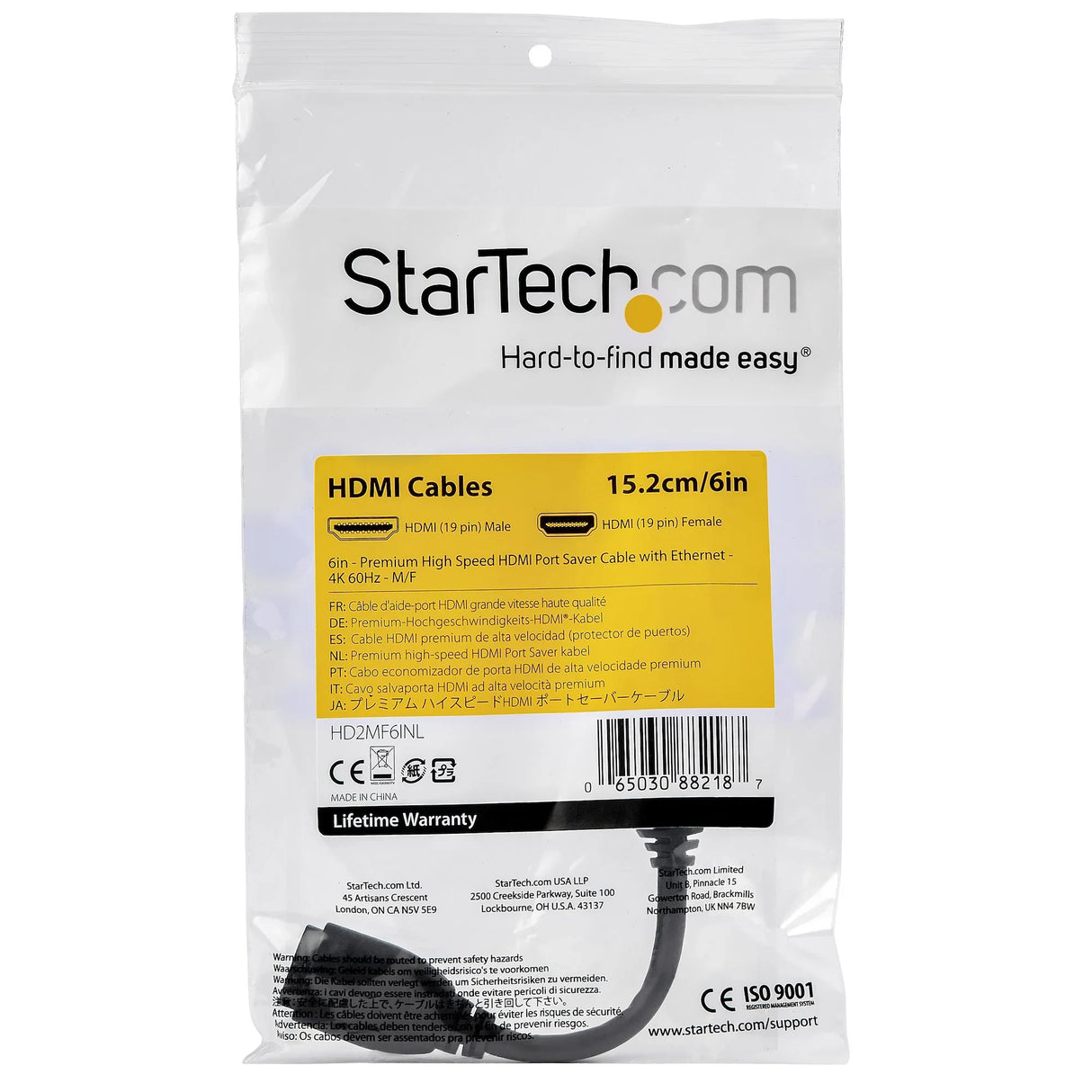 STARTECH 6" (15cm) HDMI Port Saver Cable - 4K 60Hz High Speed HDMI 2.0 Extension Cable with Ethernet - Short HDMI Extension Cable - HDMI Male to Female Extension Adapter Cord (HD2MF6INL) (HD2MF6INL)
