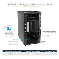 STARTECH 4-Post 18U Server Rack Cabinet | 19" Data Rack Cabinet for IT | Network Equipment | with Adjustable Mounting Rails (RK1836BKF)