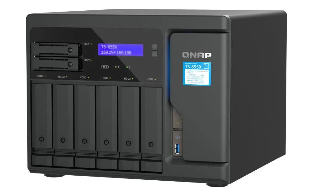 QNAP Intel Atom C5125 2.8 GHz | 8 GB UDIMM DDR4 | 5GB Flash | 6 x 3.5" + 2 x 2.5" | 2 x M.2 | 2 x 2.5Gb | 1 x 10 Gb | USB | 8.5 kg (TS-855X-8G)