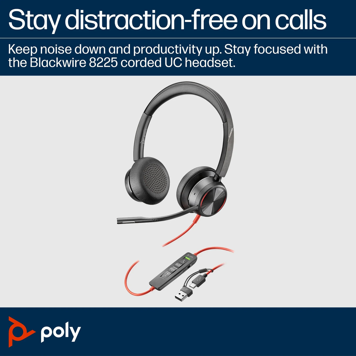 POLY Blackwire 8225 – Wired (USB-A) / Stereo / Office – On-Ear Headset with ANC