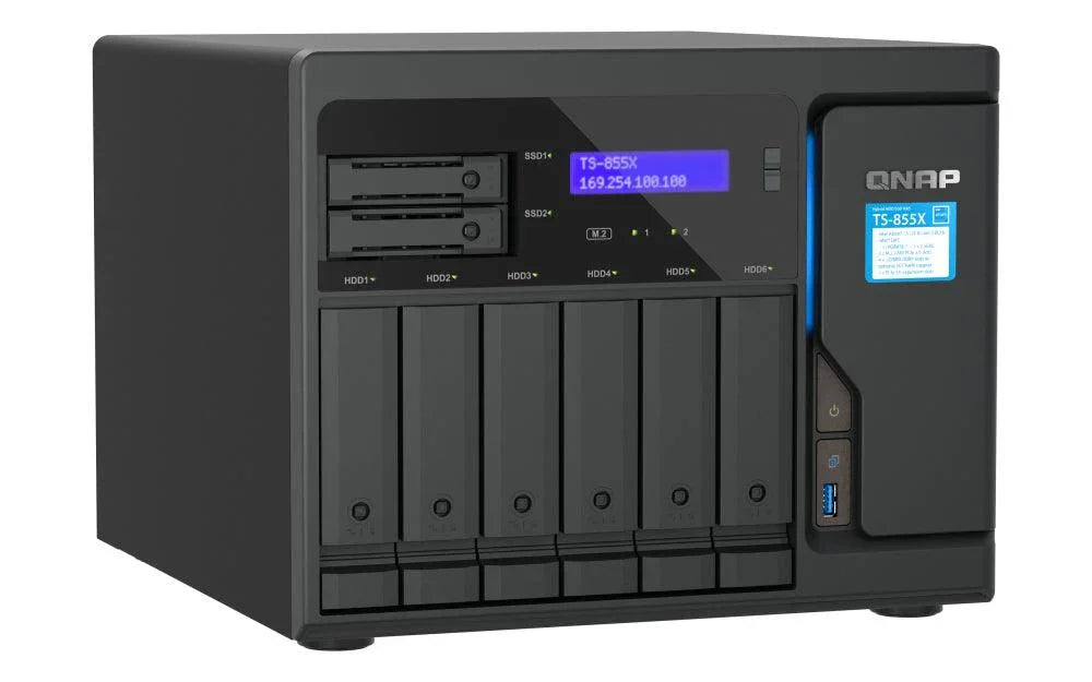 QNAP Intel Atom C5125 2.8 GHz | 8 GB UDIMM DDR4 | 5GB Flash | 6 x 3.5" + 2 x 2.5" | 2 x M.2 | 2 x 2.5Gb | 1 x 10 Gb | USB | 8.5 kg (TS-855X-8G)