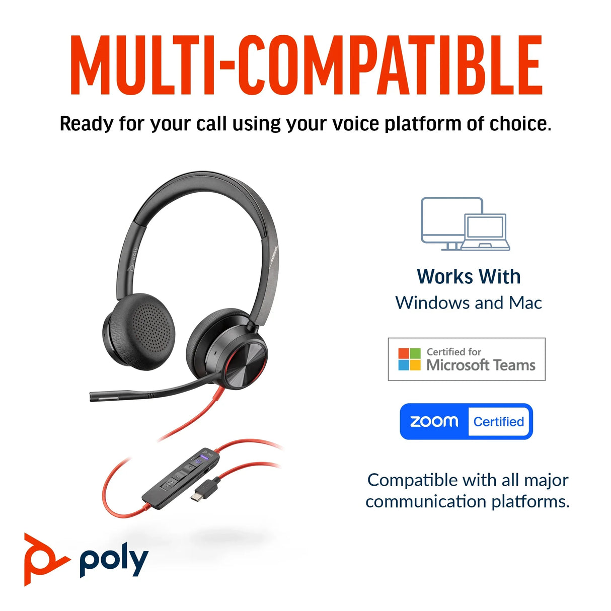 POLY Blackwire 8225 – Wired (USB-A) / Stereo / Office – On-Ear Headset with ANC