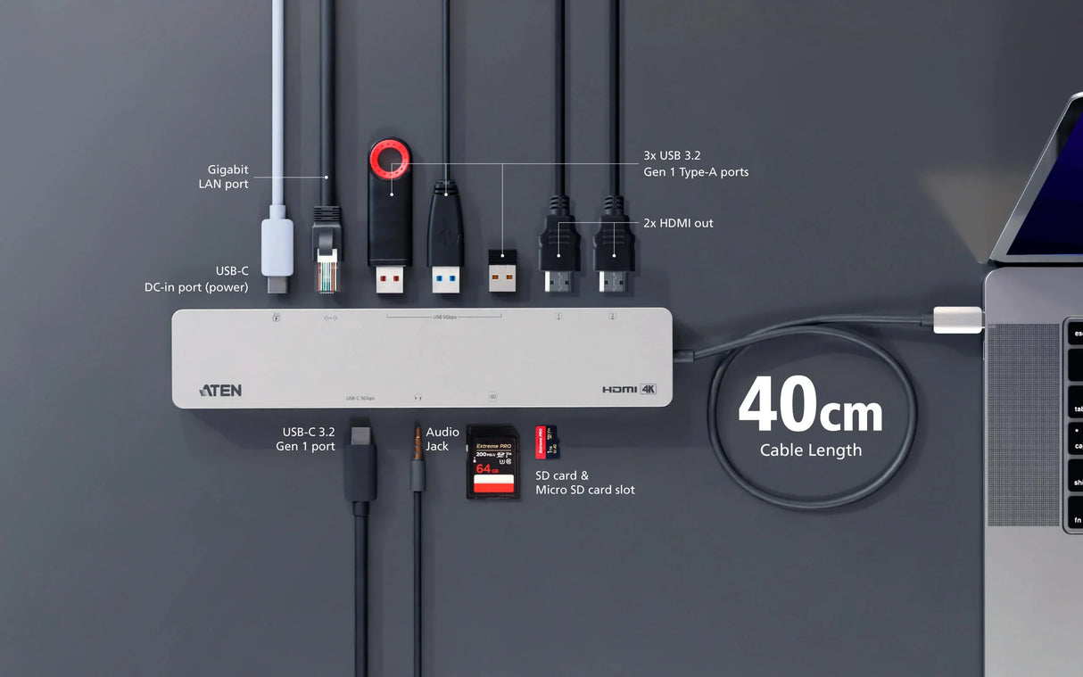 ATEN UH3240-AT – USB-C / 100W PD / 2x HDMI / 3x USB-A / Ethernet – Docking Station