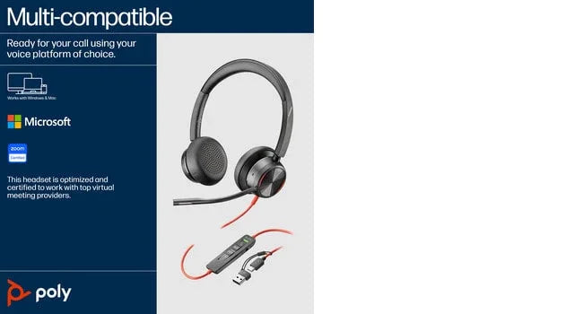 POLY Blackwire 8225 – Wired (USB-A) / Stereo / Office – On-Ear Headset with ANC