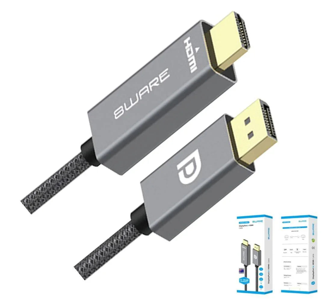 8WARE 1m DisplayPort DP to HDMI Male to Male Adapter Converter Cable Retail Pack 1080P Nylon Braide for Video Card PC Notebook to Monitor Projector TV