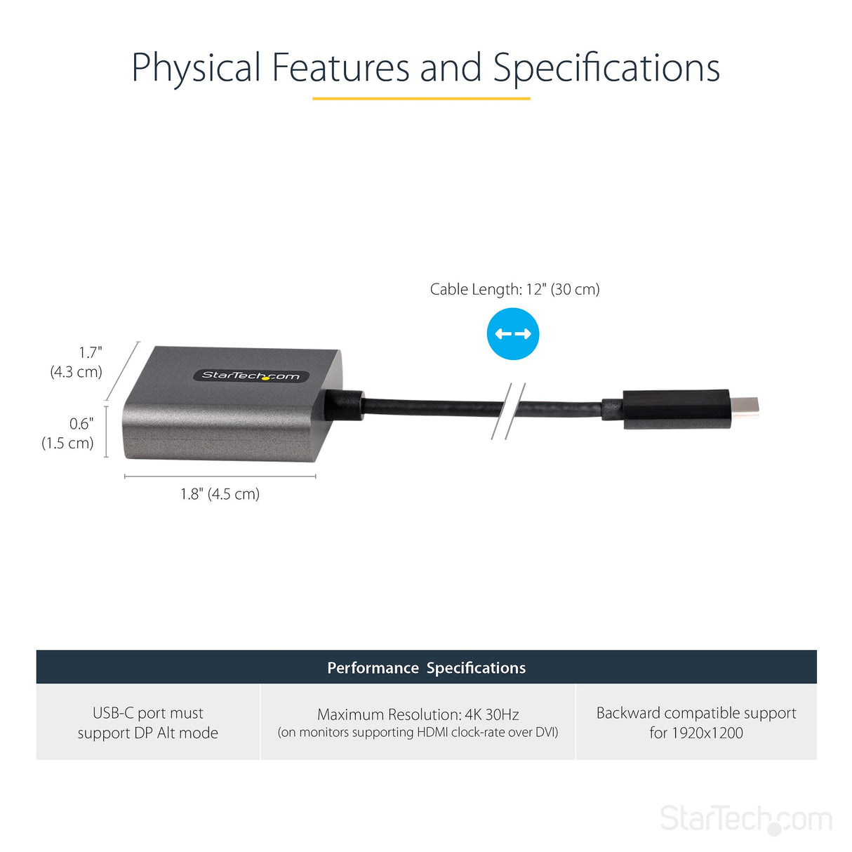 STARTECH USB C to DVI Adapter - 1920x1200 USB Type C to DVI-D Display|Monitor Video Converter | USB-C Dongle | Thunderbolt 3 Compatible | 12" Attached Cable - Upgraded Version of CDP2DVI (CDP2DVIEC) (CDP2DVIEC)