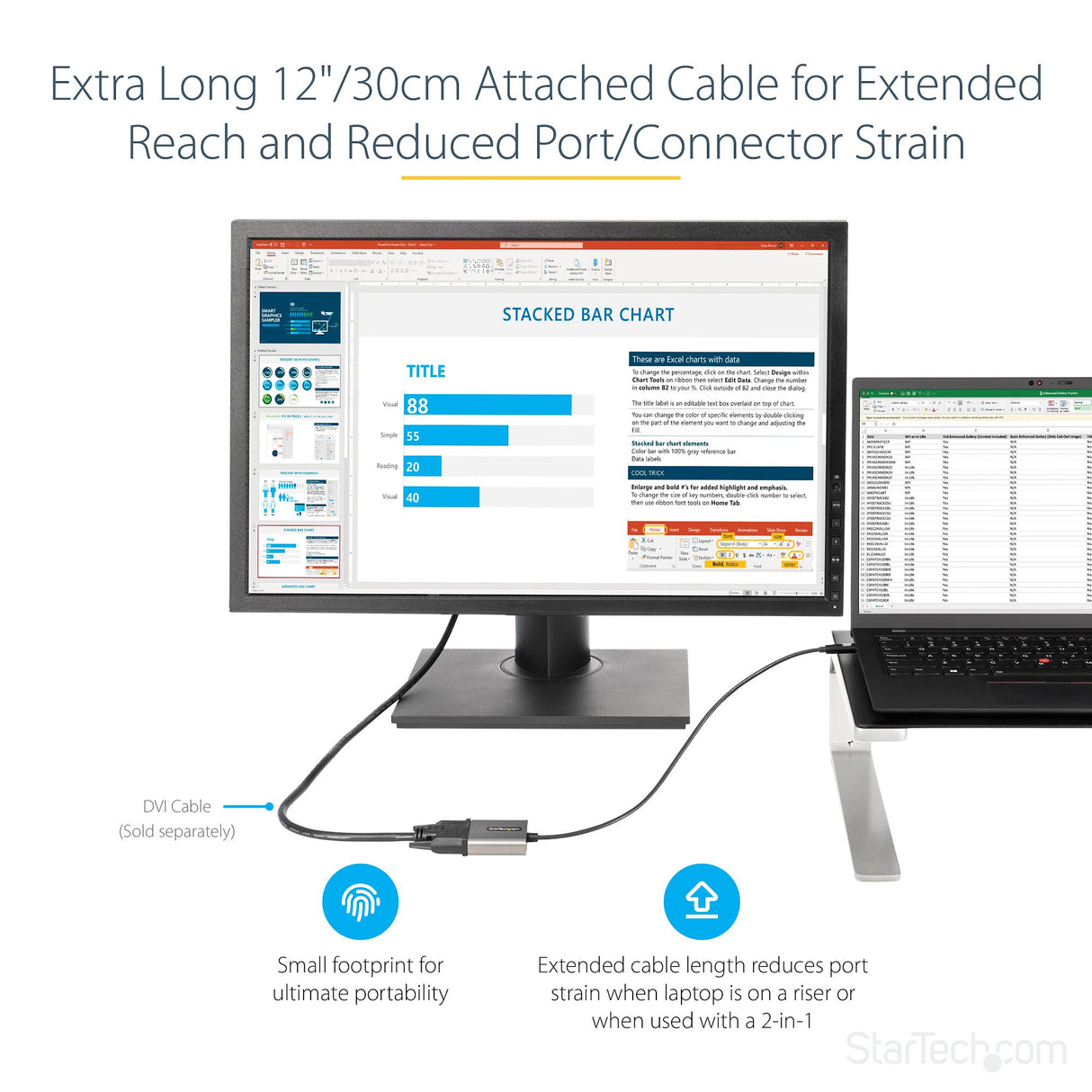 STARTECH USB C to DVI Adapter - 1920x1200 USB Type C to DVI-D Display|Monitor Video Converter | USB-C Dongle | Thunderbolt 3 Compatible | 12" Attached Cable - Upgraded Version of CDP2DVI (CDP2DVIEC) (CDP2DVIEC)