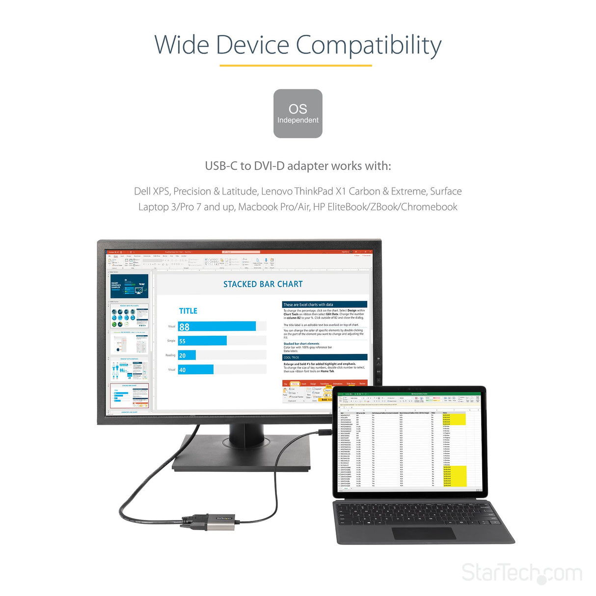 STARTECH USB C to DVI Adapter - 1920x1200 USB Type C to DVI-D Display|Monitor Video Converter | USB-C Dongle | Thunderbolt 3 Compatible | 12" Attached Cable - Upgraded Version of CDP2DVI (CDP2DVIEC) (CDP2DVIEC)