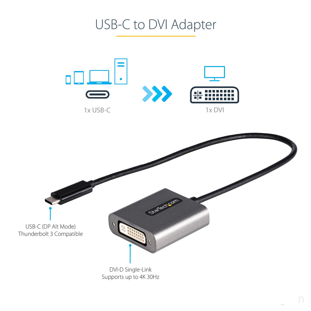 STARTECH USB C to DVI Adapter - 1920x1200 USB Type C to DVI-D Display|Monitor Video Converter | USB-C Dongle | Thunderbolt 3 Compatible | 12" Attached Cable - Upgraded Version of CDP2DVI (CDP2DVIEC) (CDP2DVIEC)