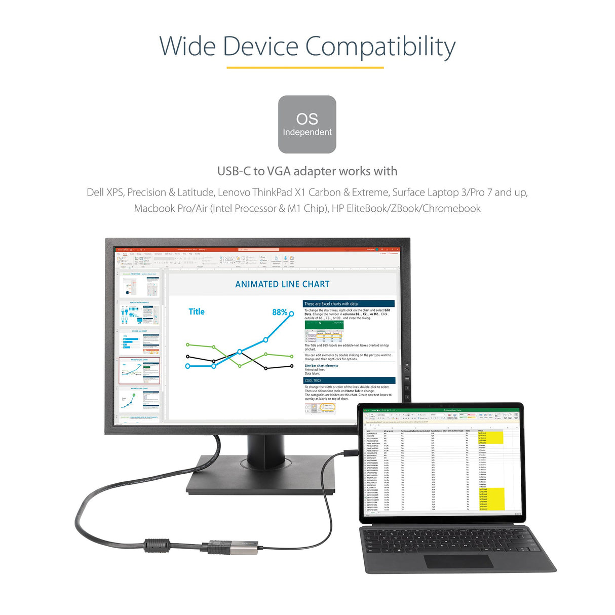 STARTECH USB C to VGA Adapter - 1080p USB Type C to VGA Display|Monitor Video Converter | USB-C Dongle | Thunderbolt 3 Compatible - 12" Long Attached Cable - Upgraded Version of CDP2VGA (CDP2VGAEC) (CDP2VGAEC)