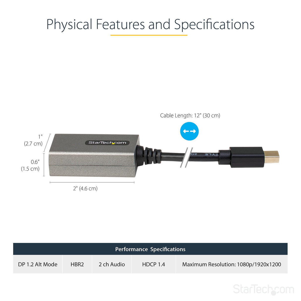 STARTECH Mini DisplayPort to HDMI Adapter - 1080p - mDP 1.2 to HDMI Monitor|Display - Mini DP to HDMI Adapter Dongle Converter - 12" Long Attached Cable - Upgraded Version of MDP2HDMI (MDP2HDEC) (MDP2HDEC)