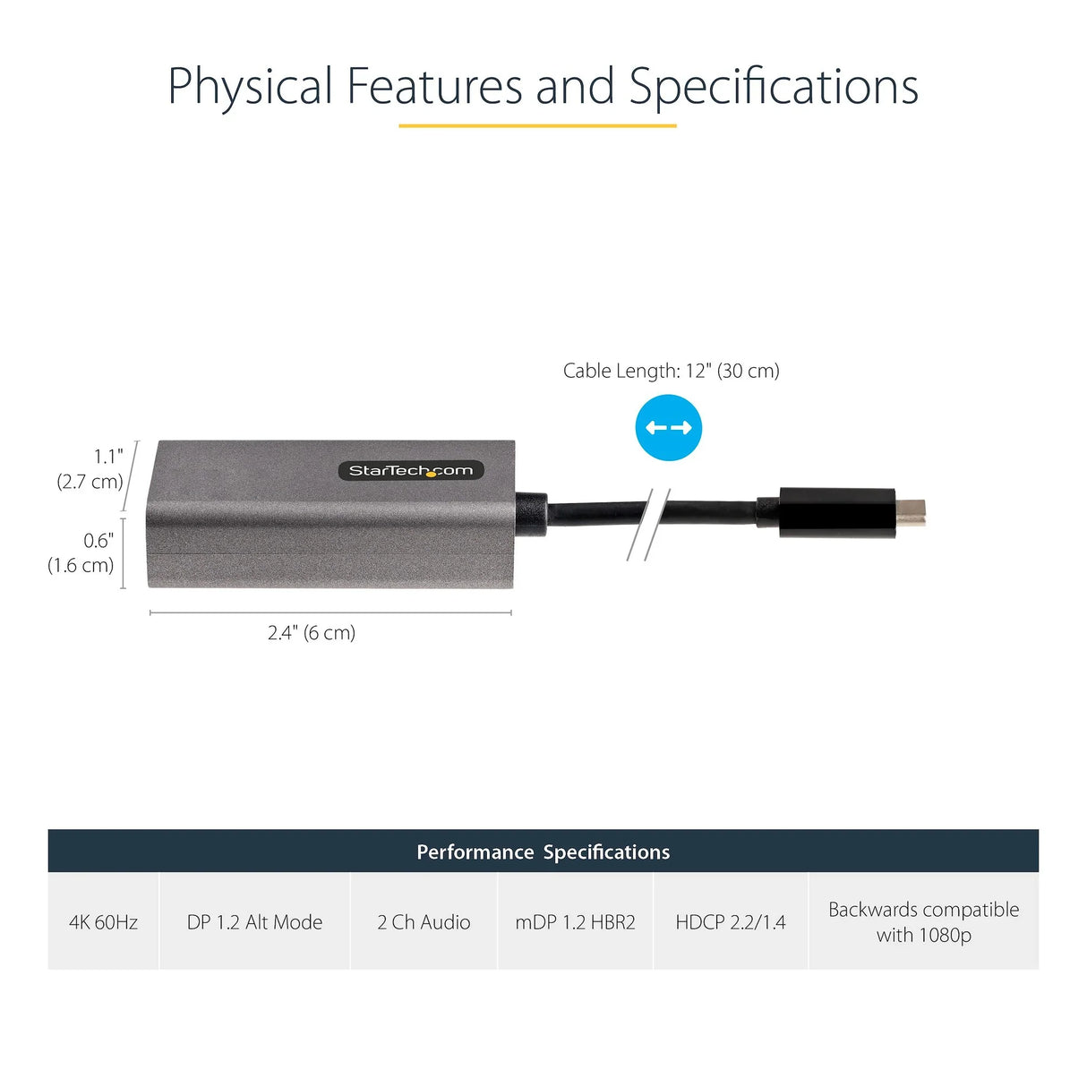 STARTECH USB C to Mini DisplayPort Adapter | 4K 60Hz USB Type C to mDP|Mini DP Monitor Video Converter Dongle | Thunderbolt 3 Compatible | 12" Attached Cable | Upgraded Version of CDP2MDP (CDP2MDPEC) (CDP2MDPEC)
