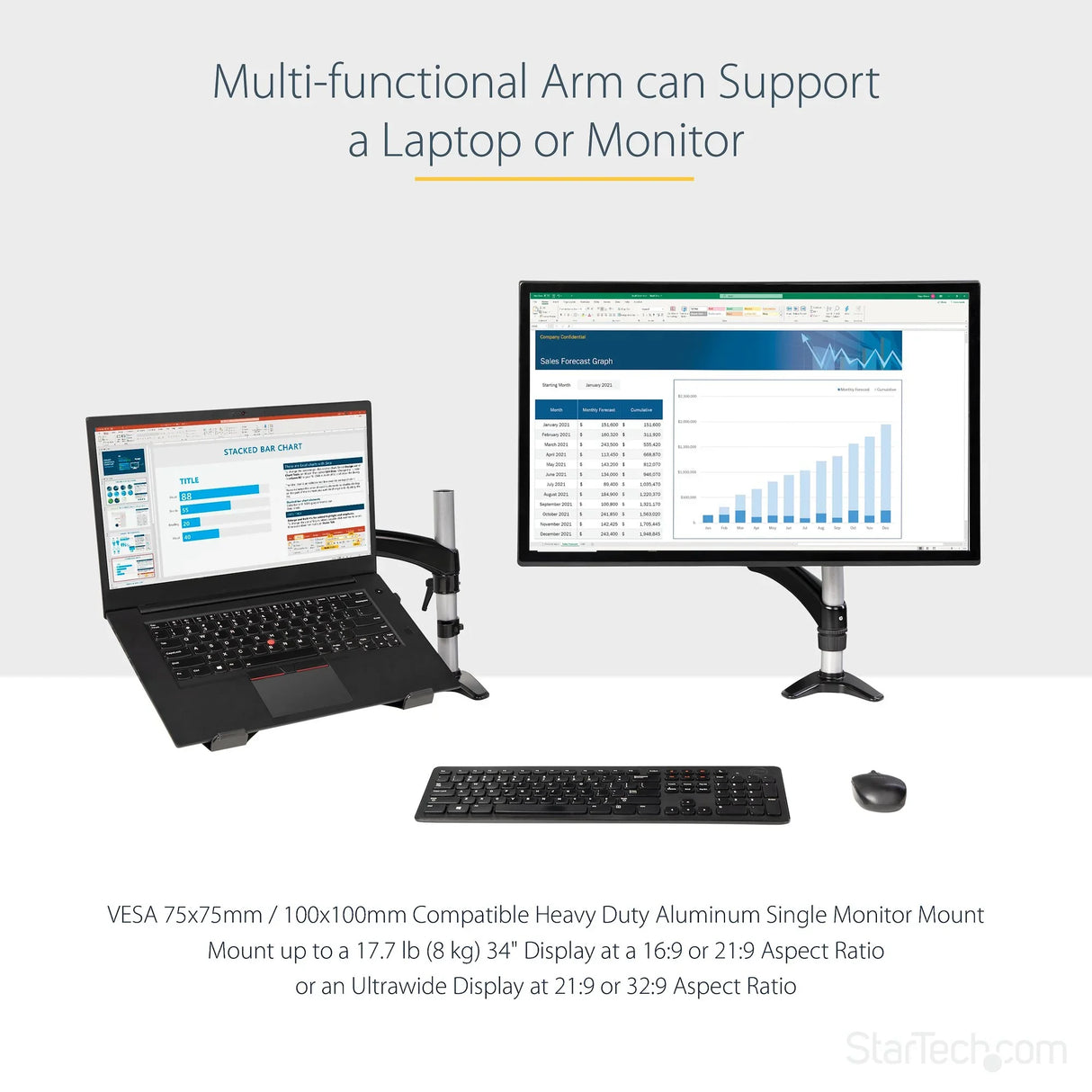 STARTECH Desk Mount Laptop Arm - Full Motion Articulating Arm for Laptop or Single 34" Monitor - VESA Mount Laptop Tray Bracket - Ergonomic Adjustable Notebook Stand - Desk-Clamp (ARMUNONB1) (ARMUNONB1)