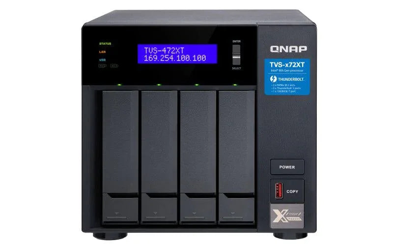 QNAP 4 x 3.5" | i3 | 4 GB SODIMM DDR4 | 5GB Flash | LCD | 250W | 100-240V | 5.4 kg (TVS-472XT-I3-4G)