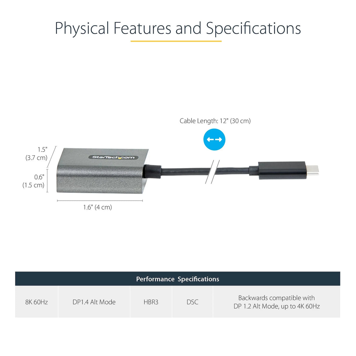 STARTECH USB C to DisplayPort Adapter - 8K|4K 60Hz USB-C to DisplayPort 1.4 Adapter Dongle - USB Type-C to DP Monitor Video Converter - Works w|Thunderbolt 3 - w|12" Long Attached Cable (CDP2DPEC) (CDP2DPEC)