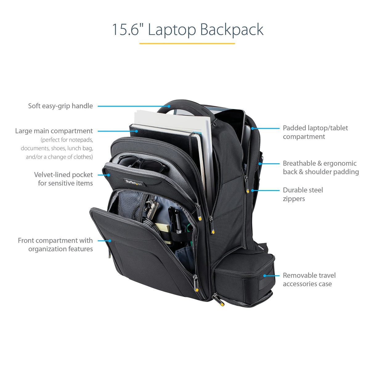 STARTECH 15.6" Laptop Backpack with Removable Accessory Case - Professional IT Tech Backpack for Work|Travel|Commute - Durable Ergonomic Computer Bag - Nylon - Notebook|Tablet Pockets (NTBKBAG156) (NTBKBAG156) STARTECH