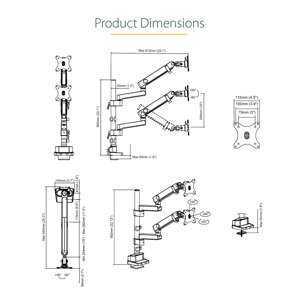 STARTECH Desk Mount Dual Monitor Arm - Full Motion Monitor Mount for 2x VESA Displays up to 32" (17lb|8kg) - Vertical Stackable Arms - Height Adjustable|Articulating - Clamp|Grommet (ARMDUALPIVOT)