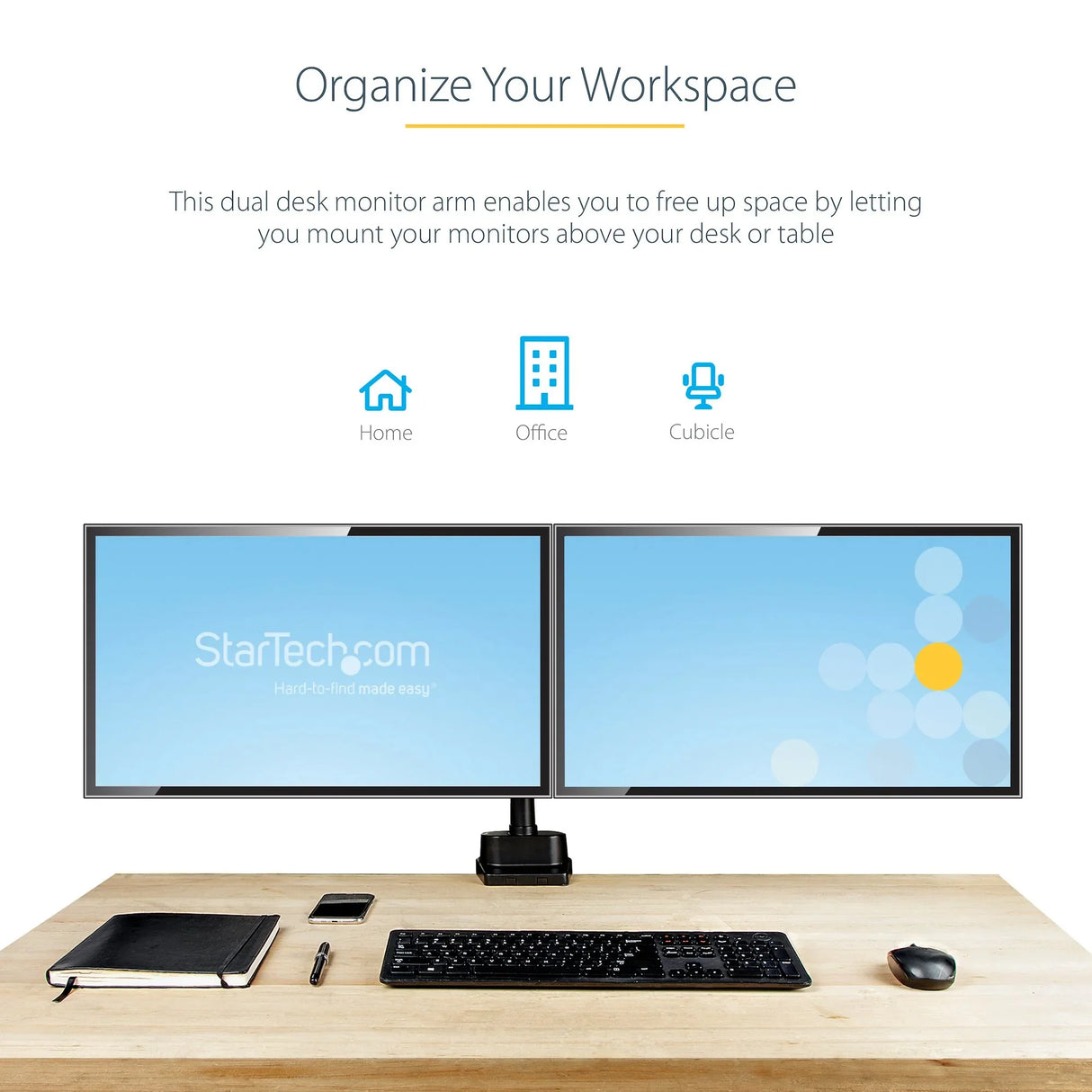 STARTECH Desk Mount Dual Monitor Arm - Full Motion Monitor Mount for 2x VESA Displays up to 32" (17lb|8kg) - Vertical Stackable Arms - Height Adjustable|Articulating - Clamp|Grommet (ARMDUALPIVOT)