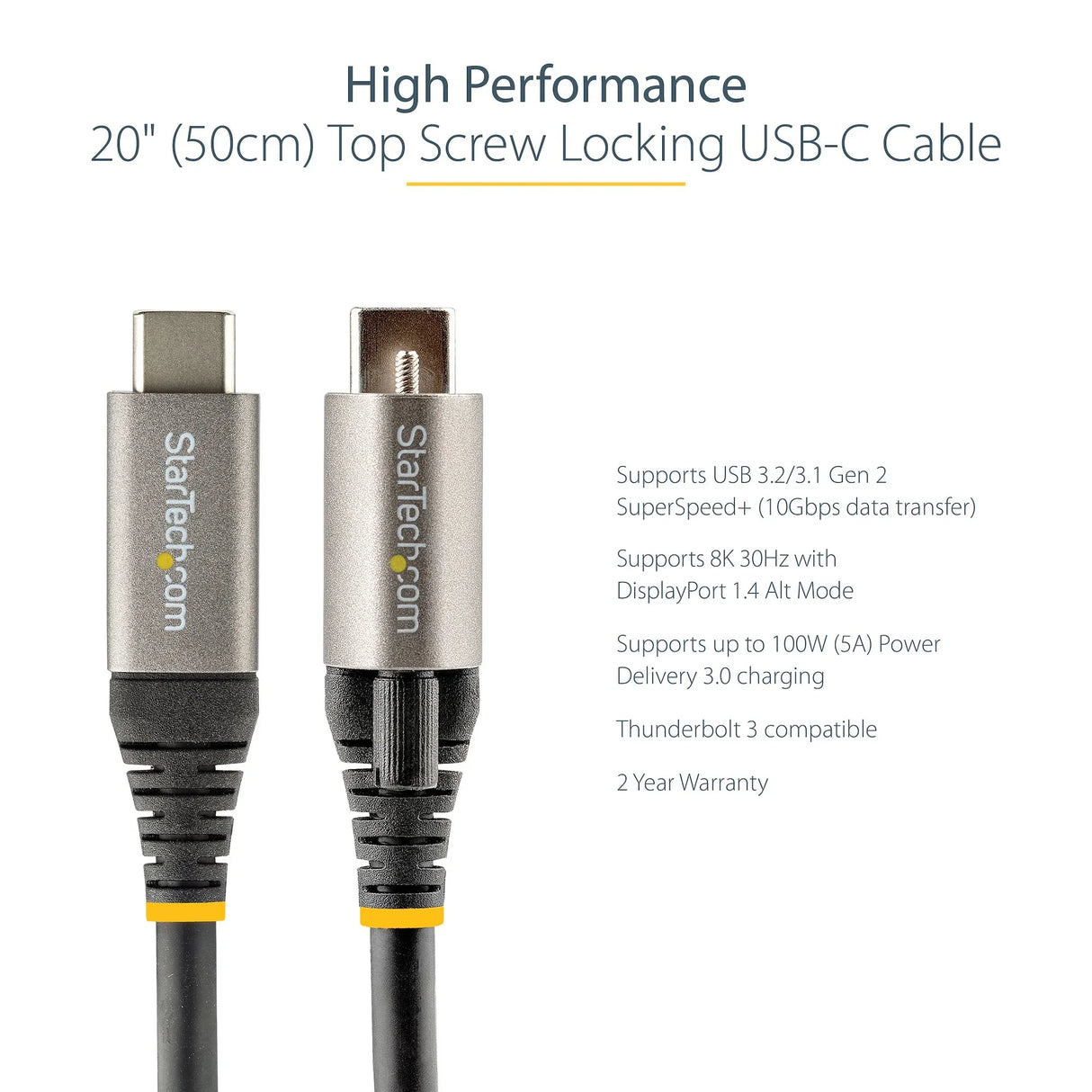 STARTECH 20" (50cm) Top Screw Locking USB C Cable 10Gbps - USB 3.2 Gen 2 Type-C Cable - 100W (5A) Power Delivery Charging | DP Alt Mode - Single Screw Lock | USB-C Cord Charge|Sync (USB31CCTLKV50CM) (USB31CCTLKV50CM)