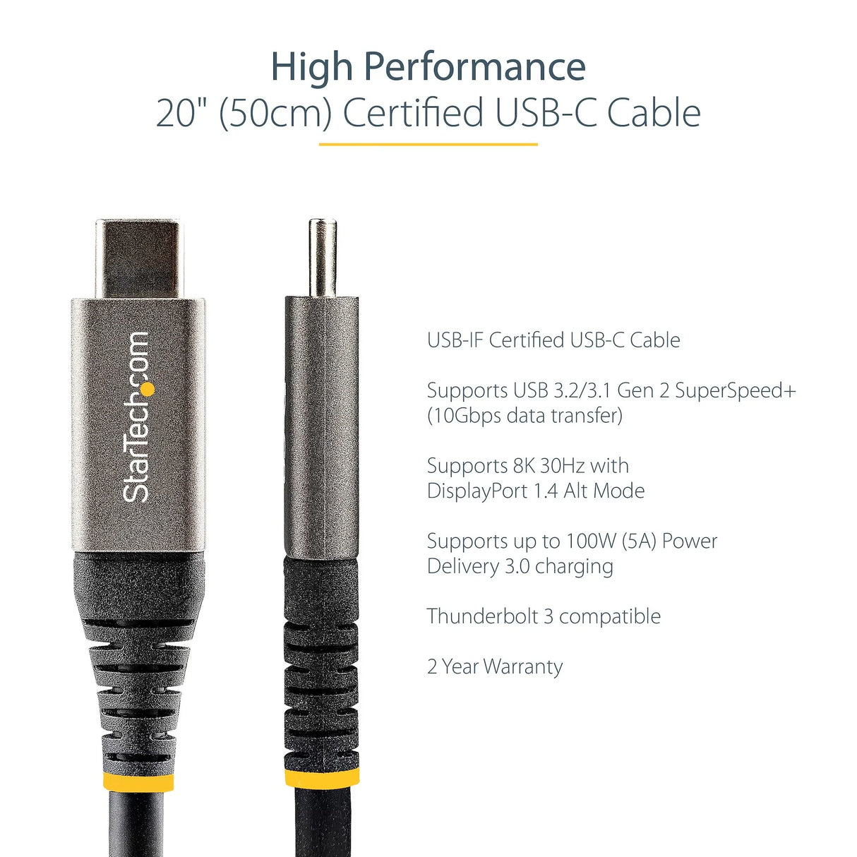 STARTECH 20" (50cm) USB C Cable 10Gbps - USB 3.2 Gen 2 Type-C Cable - 100W (5A) Power Delivery Charging | DP Alt Mode - USB-C Cord for USB-C Laptop|Phone|Device - Charge|Sync (USB31CCV50CM) (USB31CCV50CM)